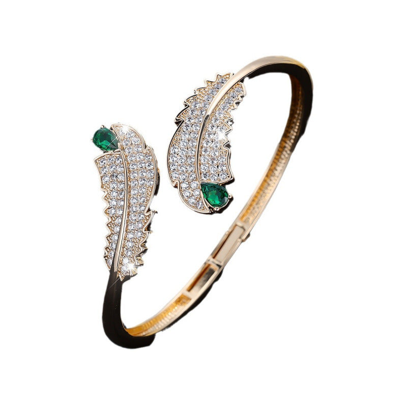 Retro Feather Inlay Copper Bangle With Zircon In Gold