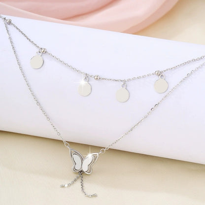 Butterfly Double Layer Necklace With Tassel Pendant In Copper Featuring Cable Chain For Women