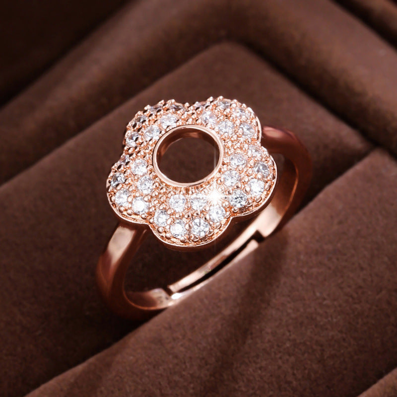 Elegant Flowers Open Ring For Women In Gold Copper With Zircon Inlay