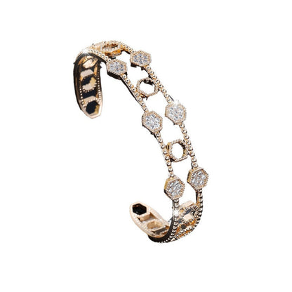 Honeycomb Waterproof Non Tarnish Bangle For Women In Golden Plated Copper With Zircon Inlay, Electroplated Finish