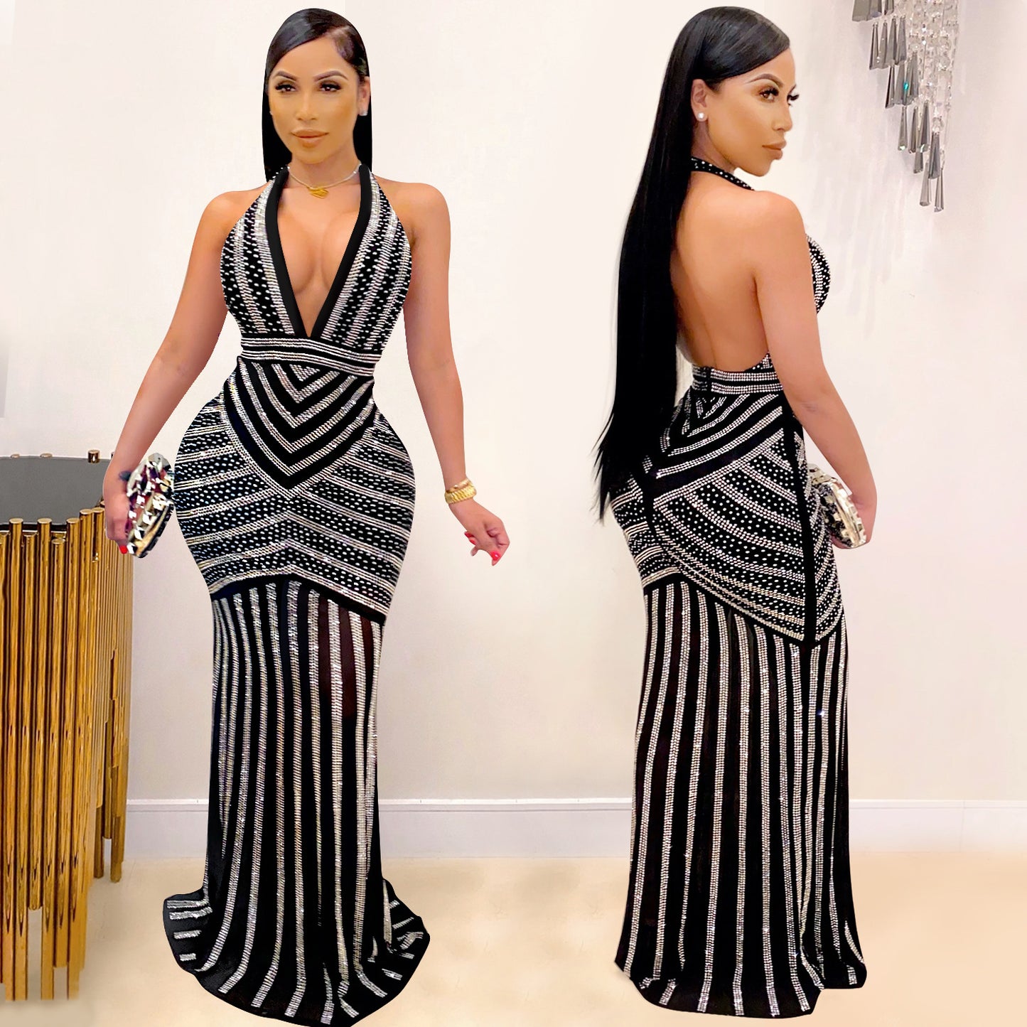 Sexy Sleeveless Bodycon Dress With Deep V Neckline In Polyester, Maxi Long Dress For Nightclub