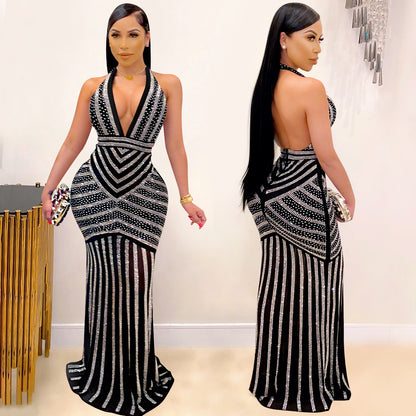 Sexy Sleeveless Bodycon Dress With Deep V Neckline In Polyester, Maxi Long Dress For Nightclub