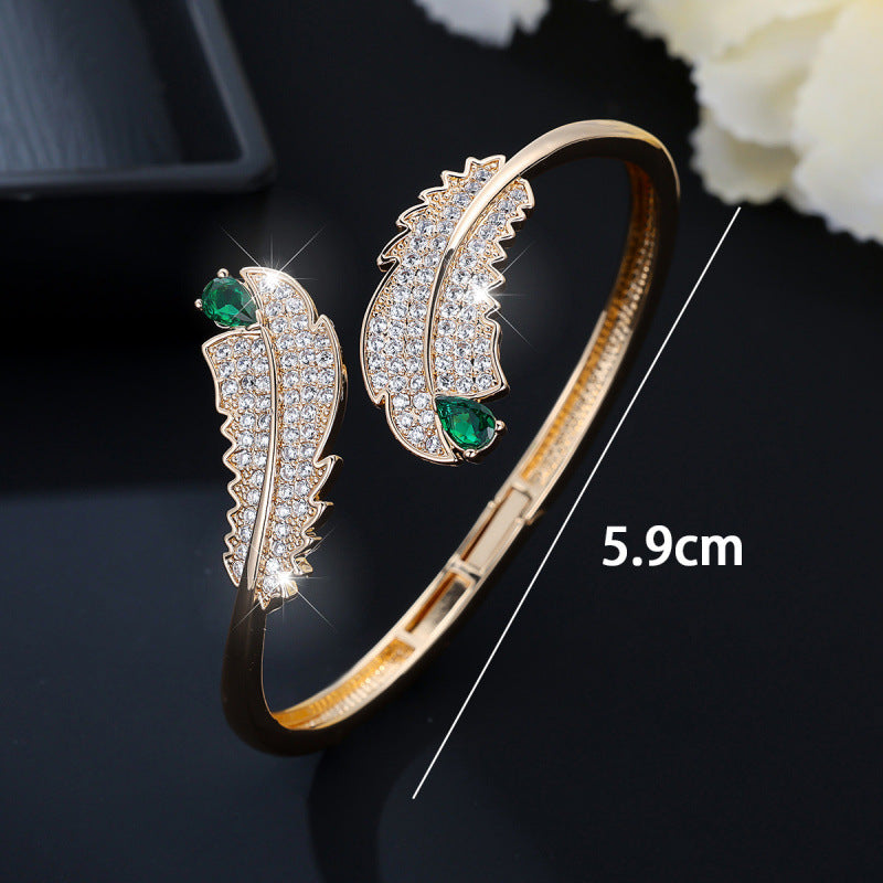 Retro Feather Inlay Copper Bangle With Zircon In Gold