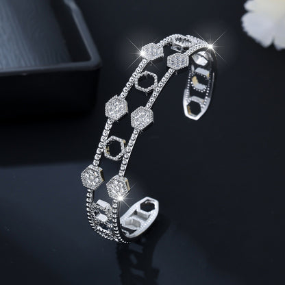 Honeycomb Waterproof Non Tarnish Bangle For Women In Golden Plated Copper With Zircon Inlay, Electroplated Finish
