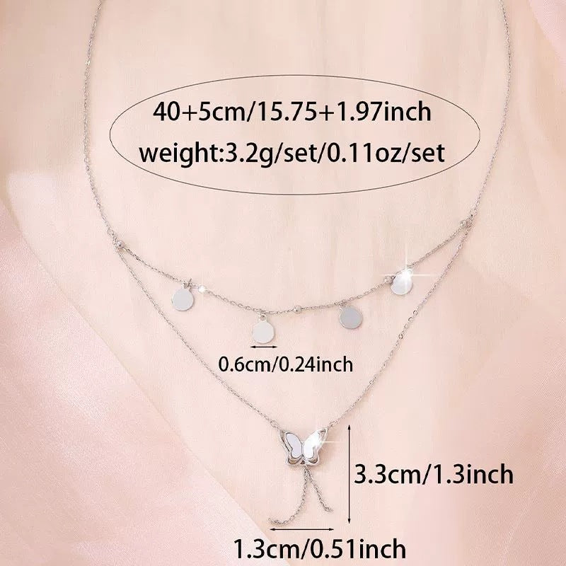 Butterfly Double Layer Necklace With Tassel Pendant In Copper Featuring Cable Chain For Women