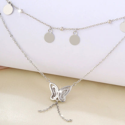 Butterfly Double Layer Necklace With Tassel Pendant In Copper Featuring Cable Chain For Women
