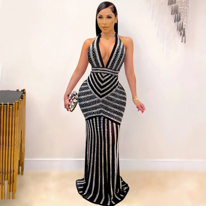 Sexy Sleeveless Bodycon Dress With Deep V Neckline In Polyester, Maxi Long Dress For Nightclub