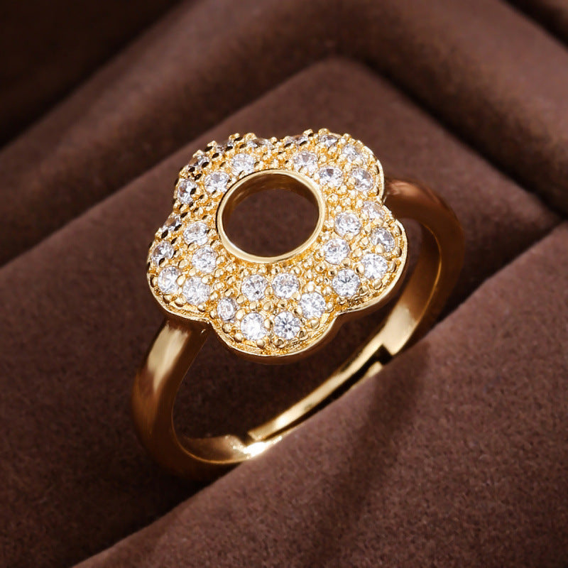 Elegant Flowers Open Ring For Women In Gold Copper With Zircon Inlay