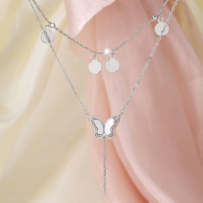 Butterfly Double Layer Necklace With Tassel Pendant In Copper Featuring Cable Chain For Women