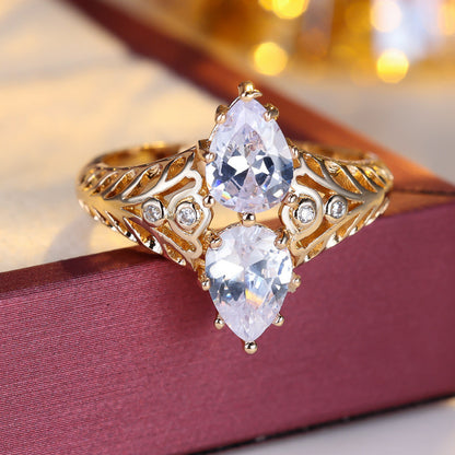 Vintage Style Geometric Copper Ring For Women With Zircon Inlay In Gold