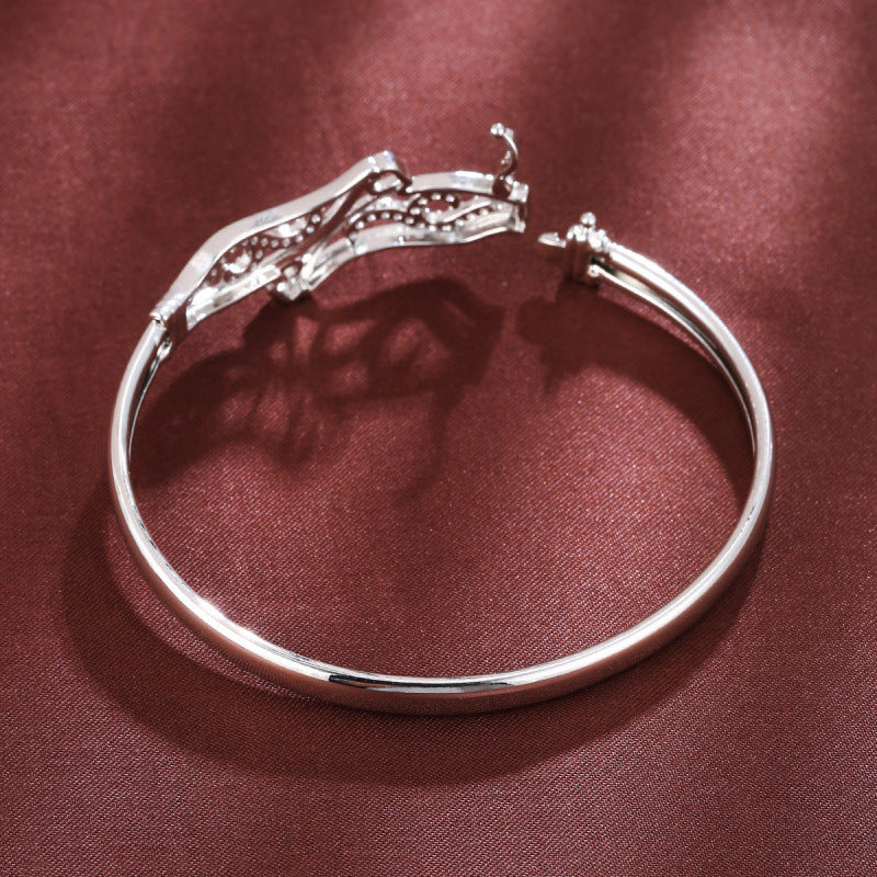 Elegant Heart Shape Copper Bangle With Zircon Inlay, Electroplated Gold Plating Process