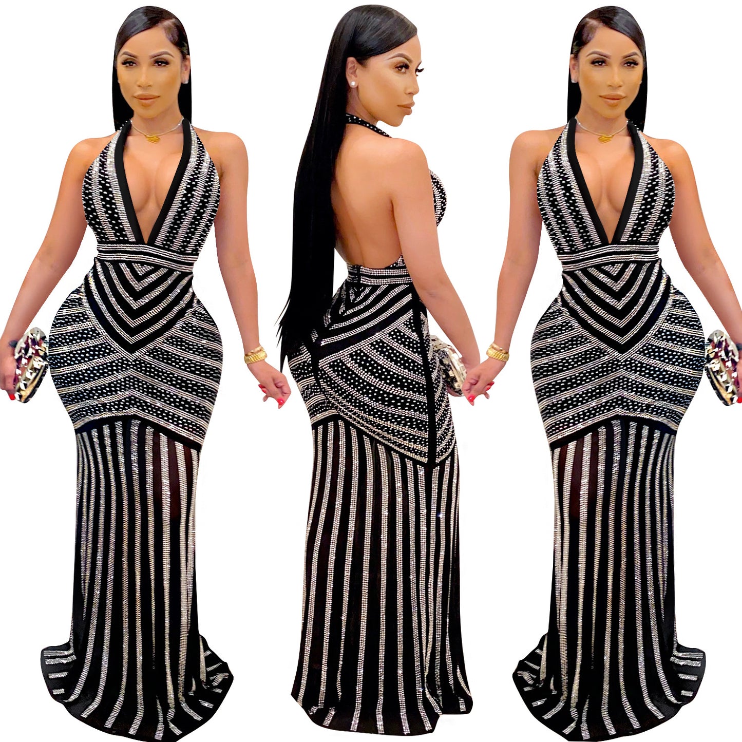 Sexy Sleeveless Bodycon Dress With Deep V Neckline In Polyester, Maxi Long Dress For Nightclub