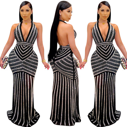 Sexy Sleeveless Bodycon Dress With Deep V Neckline In Polyester, Maxi Long Dress For Nightclub