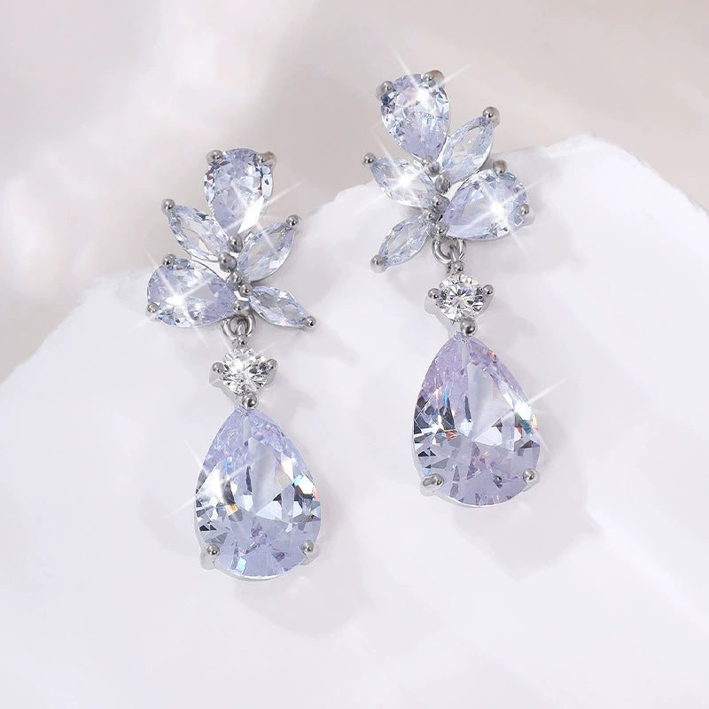 Water Droplets Stud Earrings For Women In Copper With Zirconia Inlay And Tassel Craft