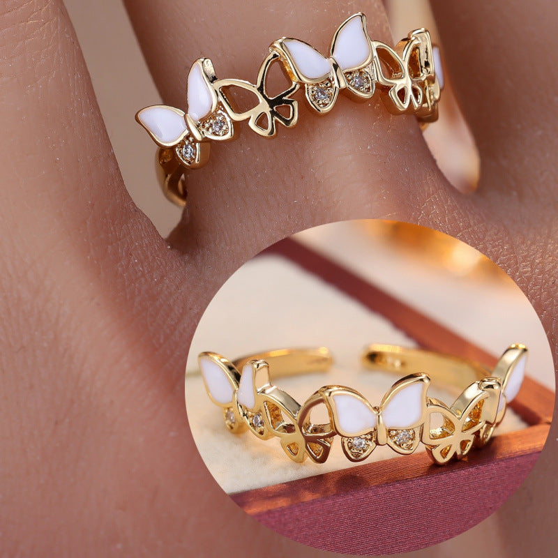 Butterfly Open Ring For Women In Gold Copper With Zircon Inlay, Perfect For Spring