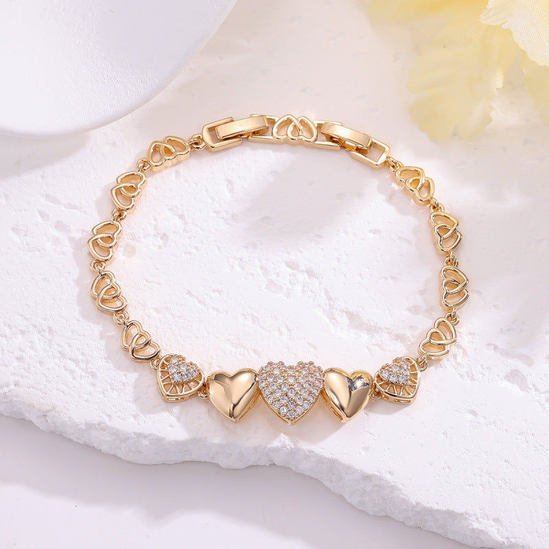 Elegant Heart Shape Bracelet For Women, Copper Material With Electroplated Gold Plating And Zircon Inlay