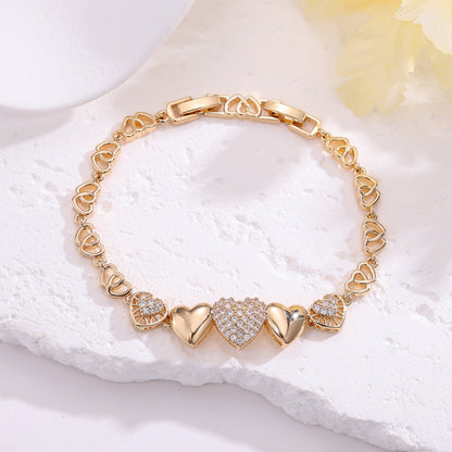 Elegant Heart Shape Bracelet For Women, Copper Material With Electroplated Gold Plating And Zircon Inlay