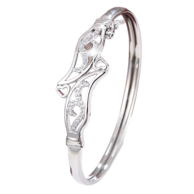 Elegant Heart Shape Copper Bangle With Zircon Inlay, Electroplated Gold Plating Process