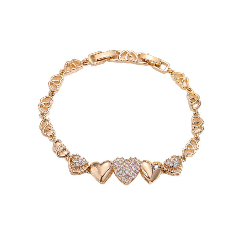 Elegant Heart Shape Bracelet For Women, Copper Material With Electroplated Gold Plating And Zircon Inlay