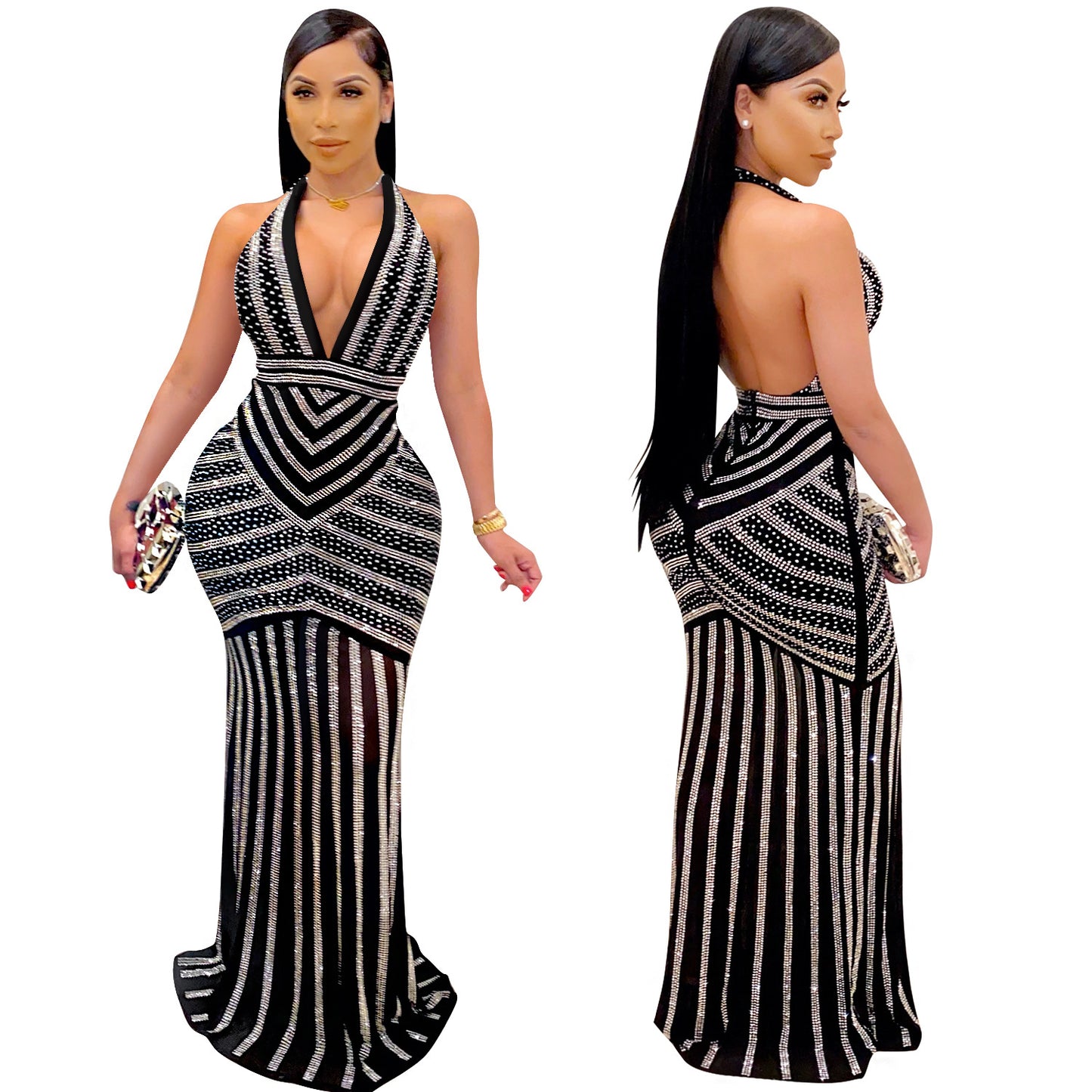 Sexy Sleeveless Bodycon Dress With Deep V Neckline In Polyester, Maxi Long Dress For Nightclub