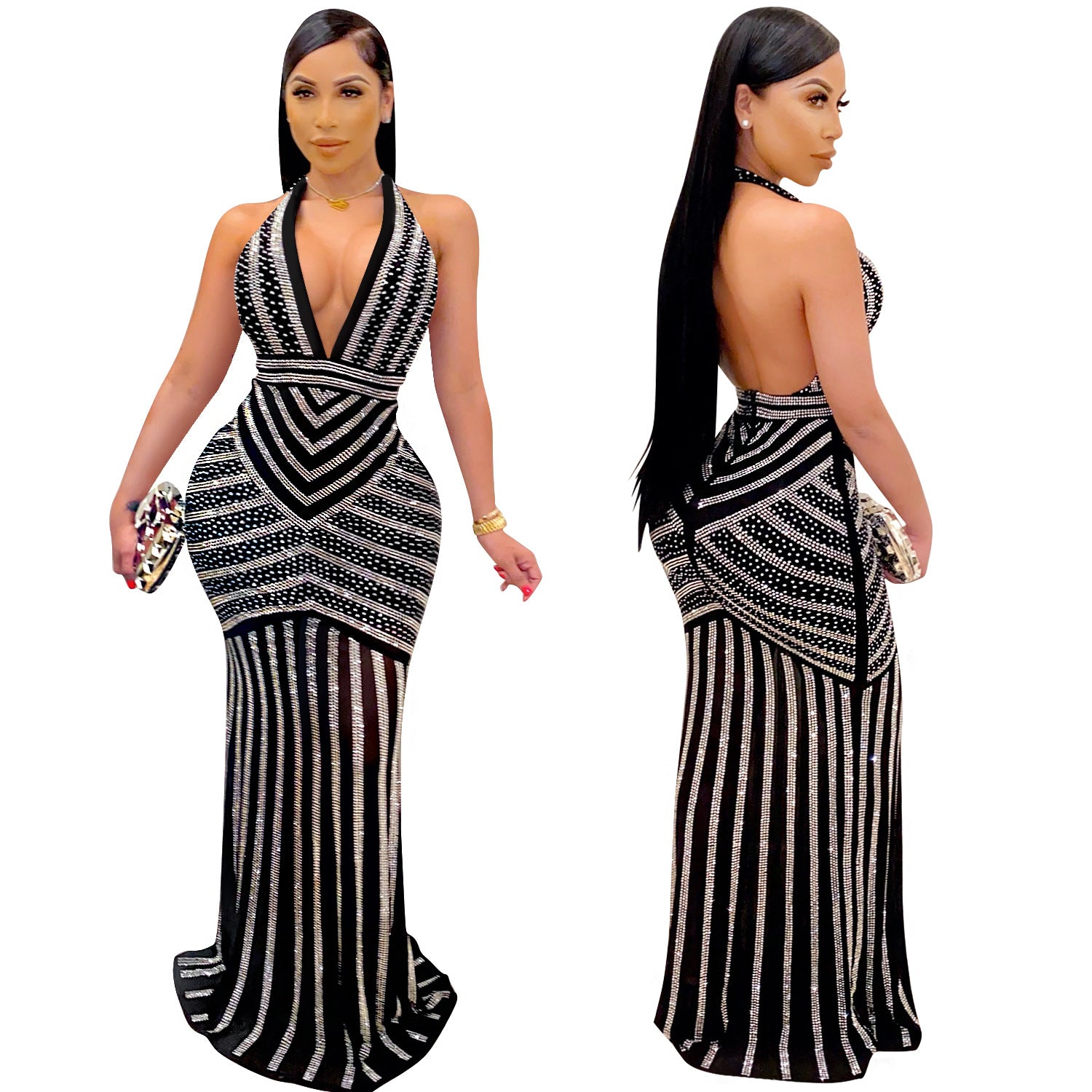 Sexy Sleeveless Bodycon Dress With Deep V Neckline In Polyester, Maxi Long Dress For Nightclub