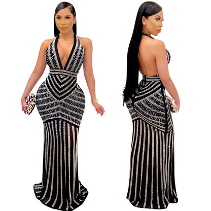 Sexy Sleeveless Bodycon Dress With Deep V Neckline In Polyester, Maxi Long Dress For Nightclub