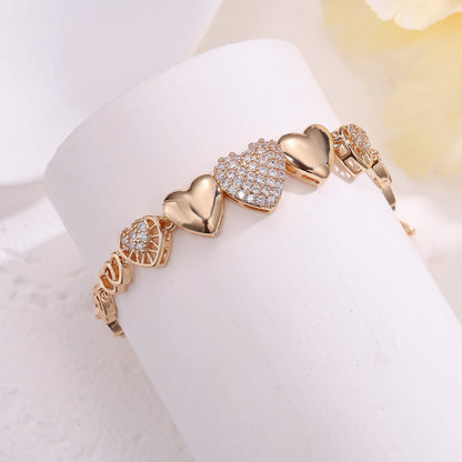 Elegant Heart Shape Bracelet For Women, Copper Material With Electroplated Gold Plating And Zircon Inlay