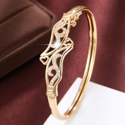 Elegant Heart Shape Copper Bangle With Zircon Inlay, Electroplated Gold Plating Process