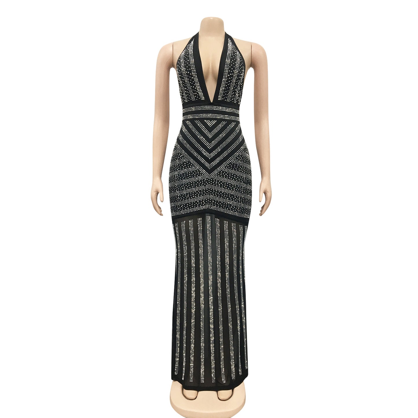Sexy Sleeveless Bodycon Dress With Deep V Neckline In Polyester, Maxi Long Dress For Nightclub