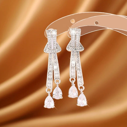 Bow Tie Tassel Earrings For Women Featuring Copper Studs And Zircon Inlay