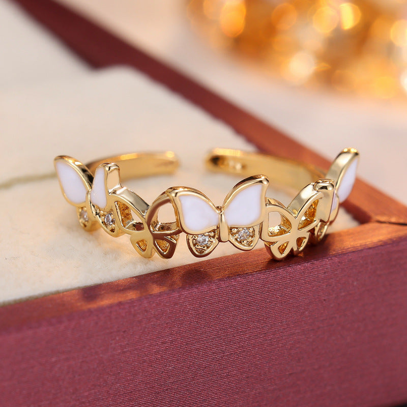 Butterfly Open Ring For Women In Gold Copper With Zircon Inlay, Perfect For Spring