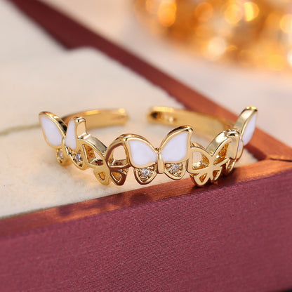 Butterfly Open Ring For Women In Gold Copper With Zircon Inlay, Perfect For Spring