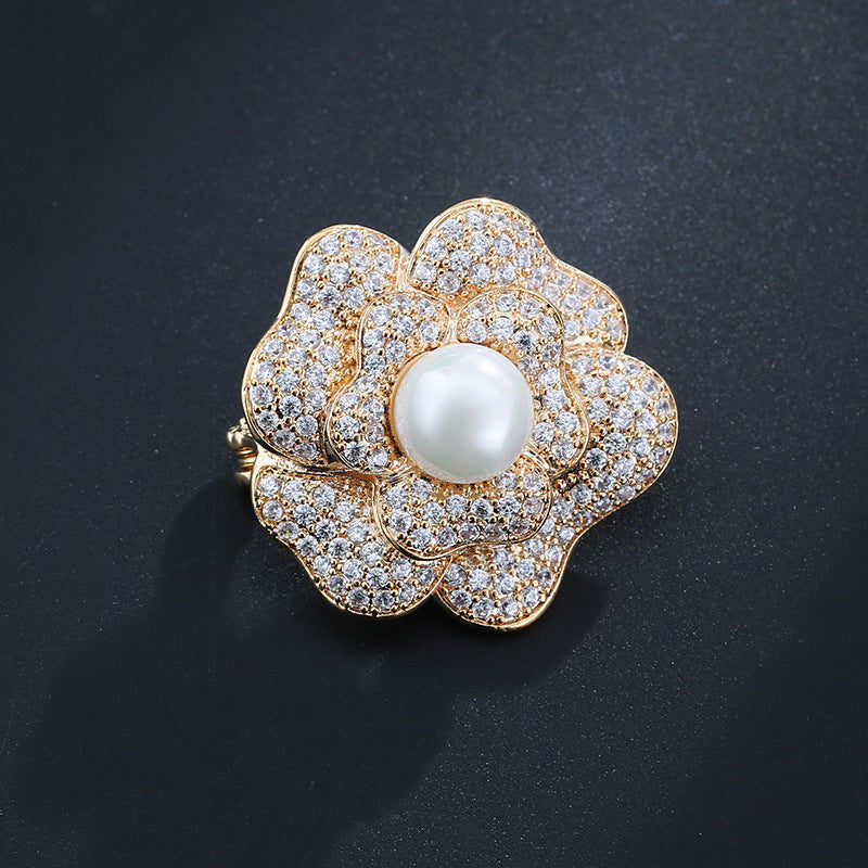 Rose Pin In White Copper With Rhinestones, Featuring Electroplated Craftsmanship
