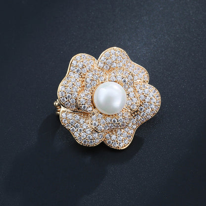 Rose Pin In White Copper With Rhinestones, Featuring Electroplated Craftsmanship