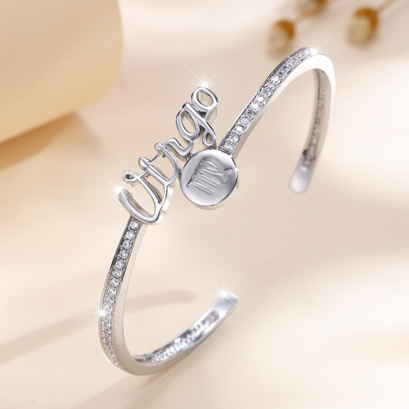 Simple Style Letter Inlay Bangle Crafted In Copper With Zircon Inlay And Electroplated Gold Plating