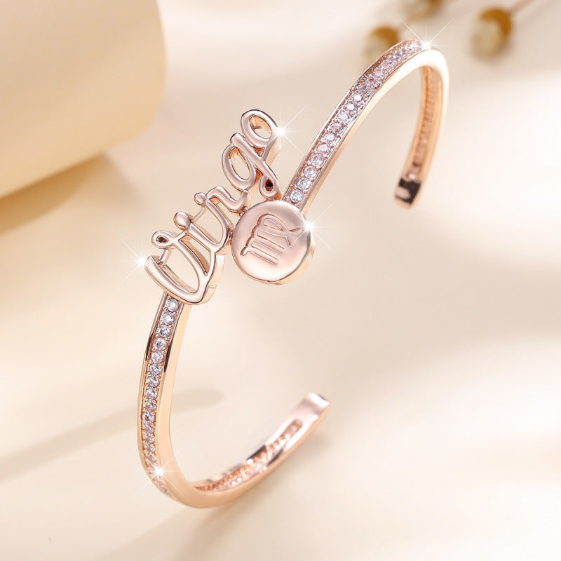 Simple Style Letter Inlay Bangle Crafted In Copper With Zircon Inlay And Electroplated Gold Plating
