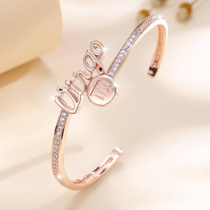 Simple Style Letter Inlay Bangle Crafted In Copper With Zircon Inlay And Electroplated Gold Plating