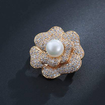 Rose Pin In White Copper With Rhinestones, Featuring Electroplated Craftsmanship