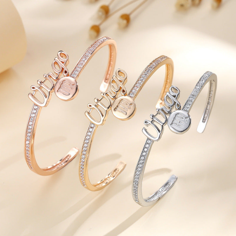 Simple Style Letter Inlay Bangle Crafted In Copper With Zircon Inlay And Electroplated Gold Plating
