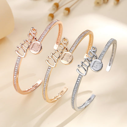 Simple Style Letter Inlay Bangle Crafted In Copper With Zircon Inlay And Electroplated Gold Plating