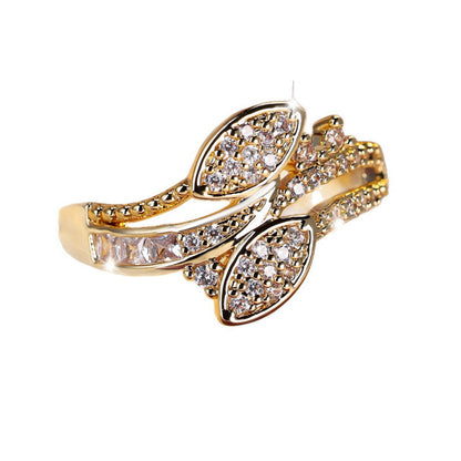 Elegant Copper Leaf Ring For Women With Zircon Inlay In Gold