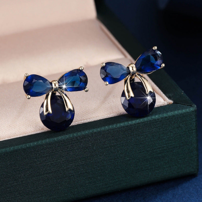 Gold Bow Tie Stud Earrings For Women Featuring Copper Ear Pins And Zircon Inlay
