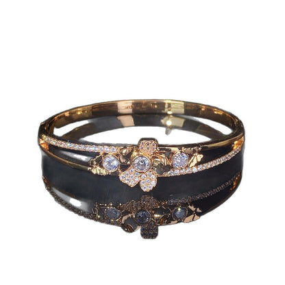 Elegant Flowers Inlay Bangle In Copper With Zircon, Electroplated Gold Plating Process