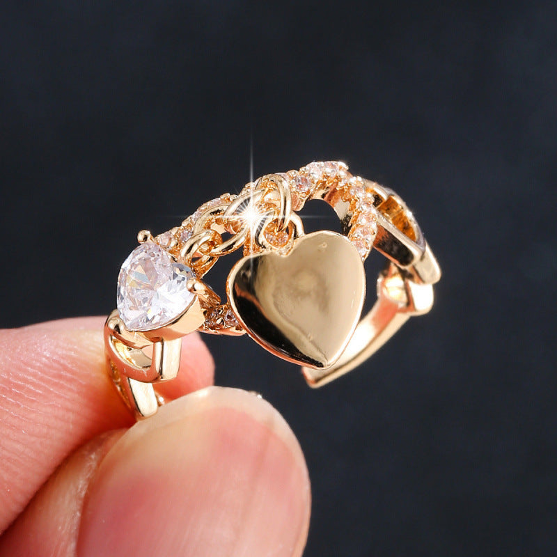 Heart Shape Open Ring For Women In Gold Electroplated Copper With Zircon Inlay