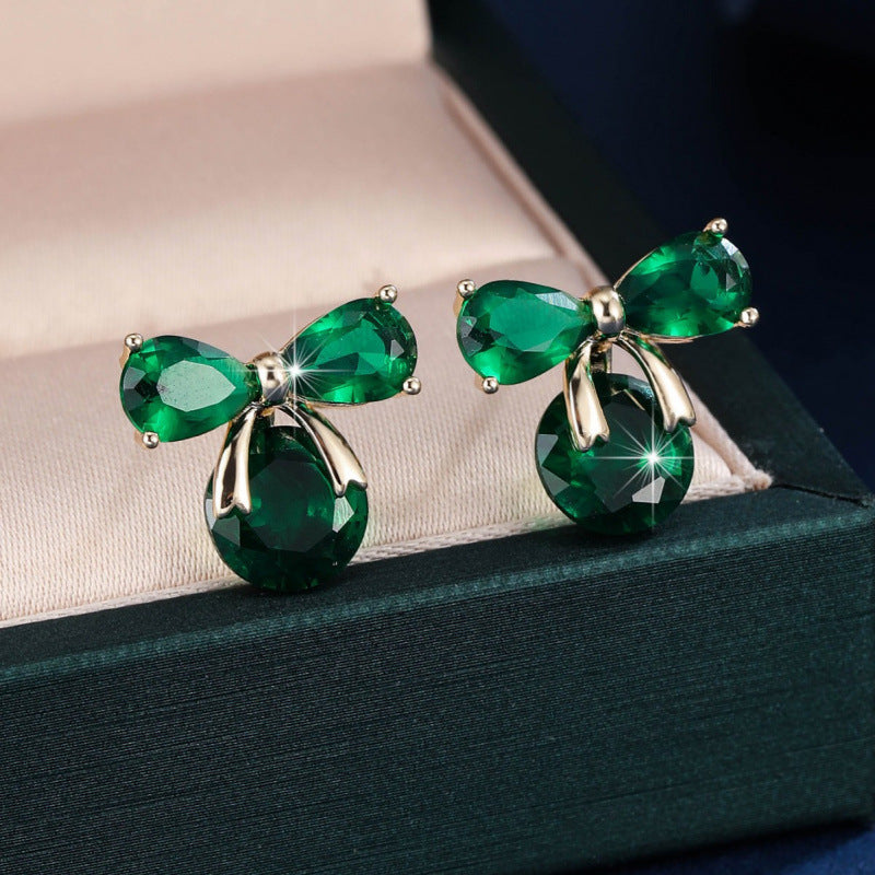 Gold Bow Tie Stud Earrings For Women Featuring Copper Ear Pins And Zircon Inlay