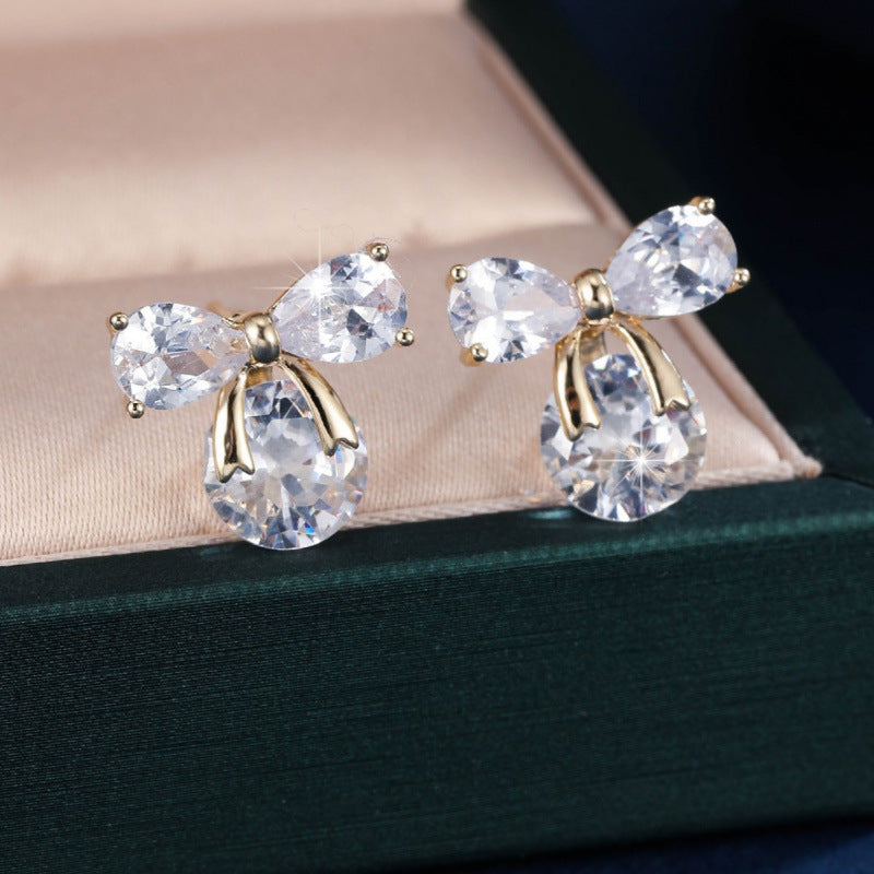 Gold Bow Tie Stud Earrings For Women Featuring Copper Ear Pins And Zircon Inlay