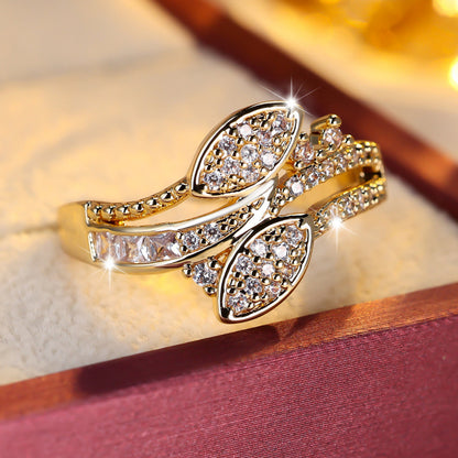 Elegant Copper Leaf Ring For Women With Zircon Inlay In Gold