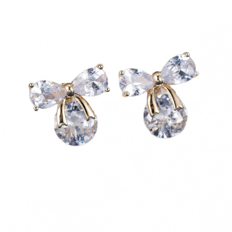 Gold Bow Tie Stud Earrings For Women Featuring Copper Ear Pins And Zircon Inlay