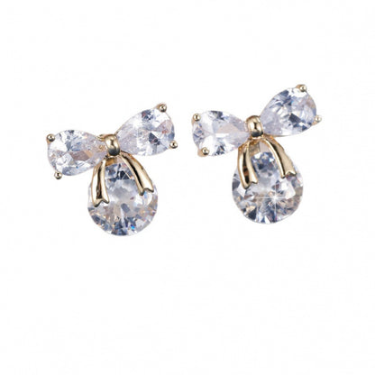 Gold Bow Tie Stud Earrings For Women Featuring Copper Ear Pins And Zircon Inlay