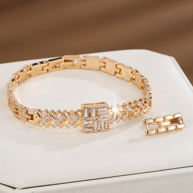 Basic Quadrilateral Gold Alloy Bangle With Zircon Inlay Craft